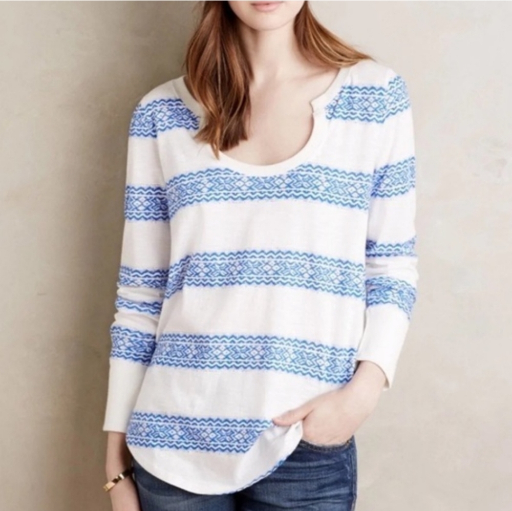Anthropologie Little Yellow Button Farrier Striped Blue Shirt Size SP